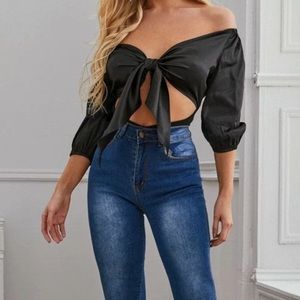 TIE FRONT BLACK BODYSUIT SIZE:L